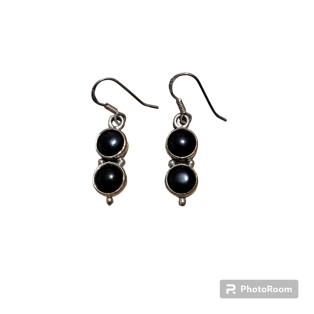 Vintage silver plated black onyx stone dangle earrings - Picture 2 of 5
